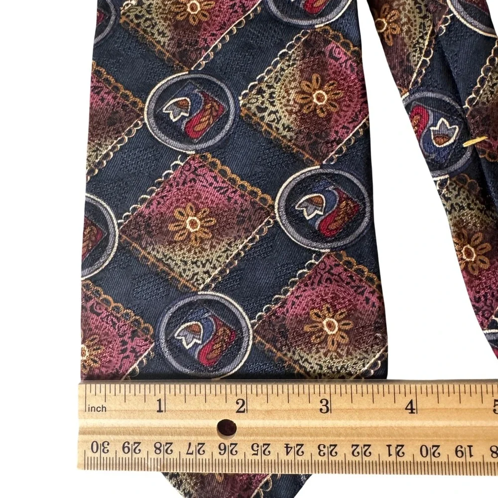 Ferracci Extra Long Silk Tie Navy Blue Burgundy Gold Geometric Medallion Vintage